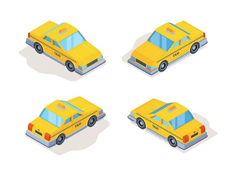 taxi cars yellow service vehicles passenger machines isometric variou