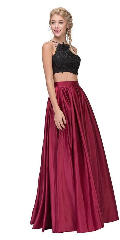 two piece long prom dress black lace crop top and satin