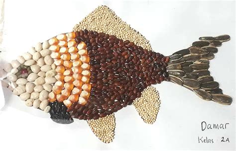 gambar kolase ikan  biji kacang kedelai beras  jagung