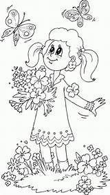 Coloring Flowers Girl Butterflies Watching Pages Butterfly Girls Clipart Spring Kids Rynakimley Library Popular Digi Stamps Coloringhome sketch template