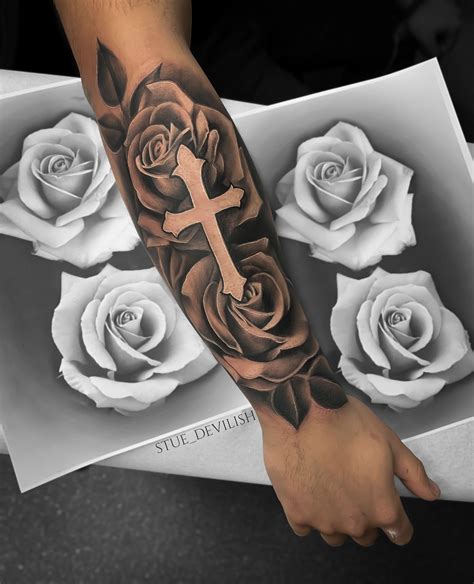 realistic rose tattoo holy roses tattoo roses cross 2020 forearm