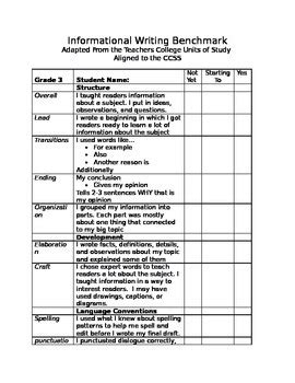 lucy calkins units  study benchmark assessment student checklist