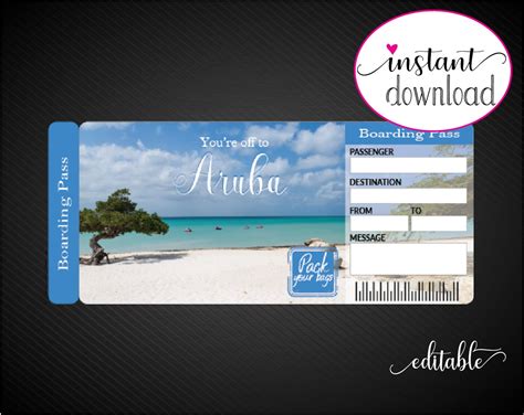 printable aruba surprise trip gift ticket boarding pass etsy
