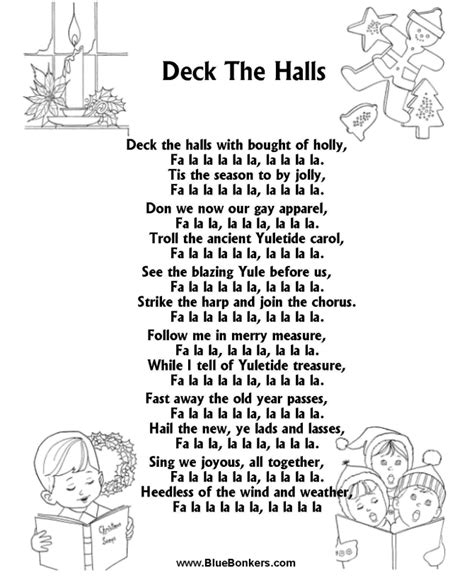 bluebonkers deck  halls  printable christmas carol lyrics