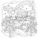 Christmas Coloring Winter Town Pages Adult Village Beautiful Little Flies Simple Star Over Adults sketch template