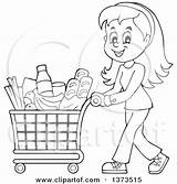 Shopping Cart Pushing Groceries Cartoon Clipart Woman Happy Illustration Grocery Visekart Royalty Vector Man Bag Printable Lineart Character Poster Print sketch template