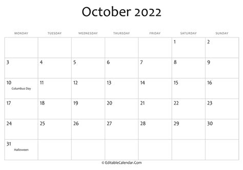 editable calendar october