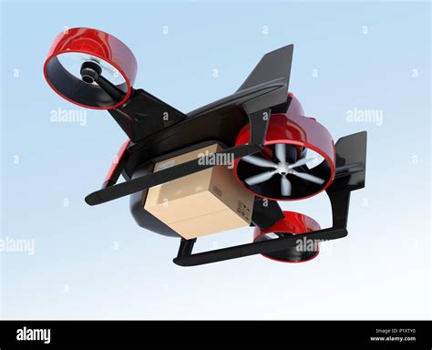 metallic red vtol drone carrying delivery package flying   sky  rendering image stock