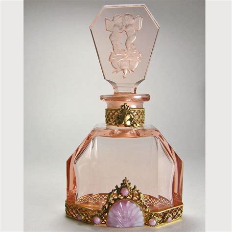 Pink Czech Jeweled Perfume Bottle Cupids On Rose Stopper