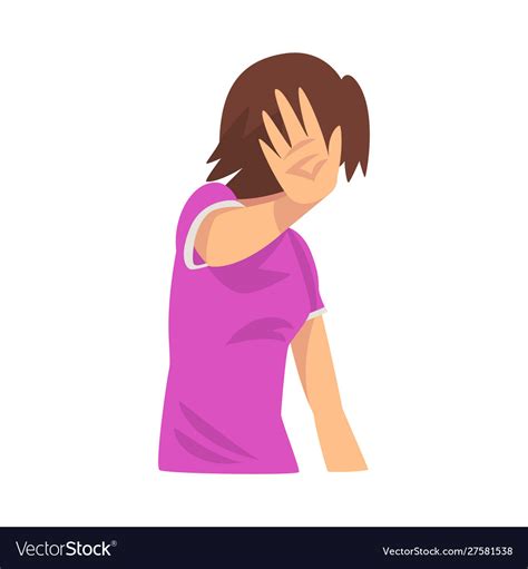 girl covers her face with her hand hides cartoon vector image
