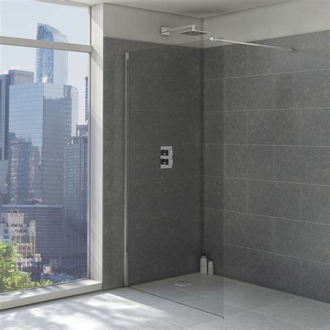 armano 1200mm shower glass panel with wall profile arm and clamp atlas