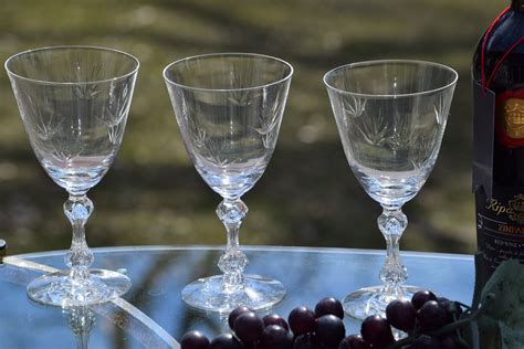 vintage etched crystal wine glasses set   bubble stem etsy