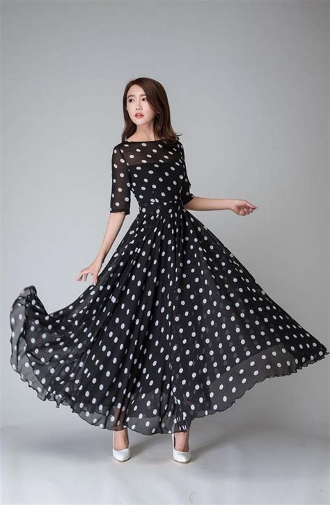 polka dot dress prom dress black white dress chiffon dress