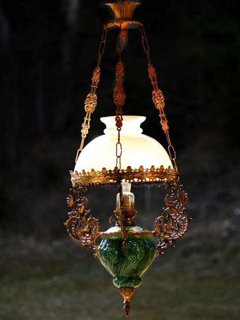 majolika petroleumlampe messing keramik glas luster antik