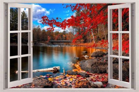 Autumn Lakeside 3d Window View Decal Wall Sticker Decor