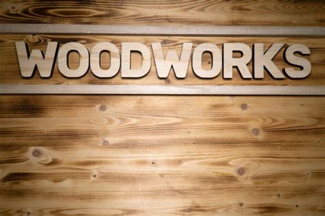 woodworks word   wooden letters  wooden board stock photo