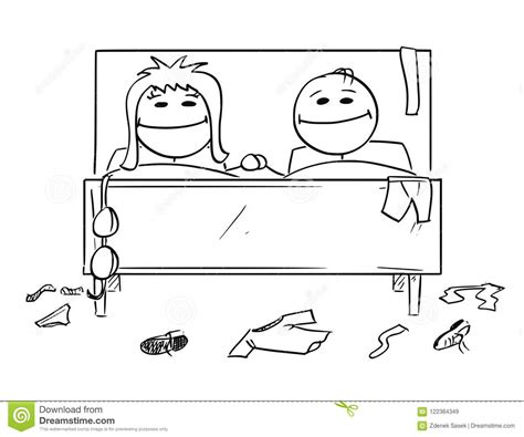 cartoon of happy couple in bed man and woman are