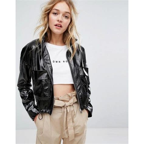 bershka vinyl pocket detail jacket  aud   polyvore featuring outerwear jackets