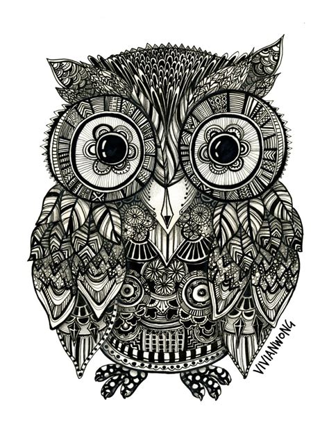 zentangle owl fineliner  drawing handmade high quality print