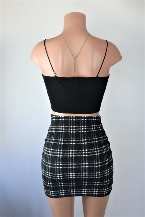 hannah plaid skirt high waisted black white plaid mini skirt with slit