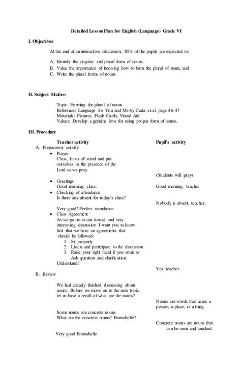 detailed lesson plan for english language grade 6 english lesson