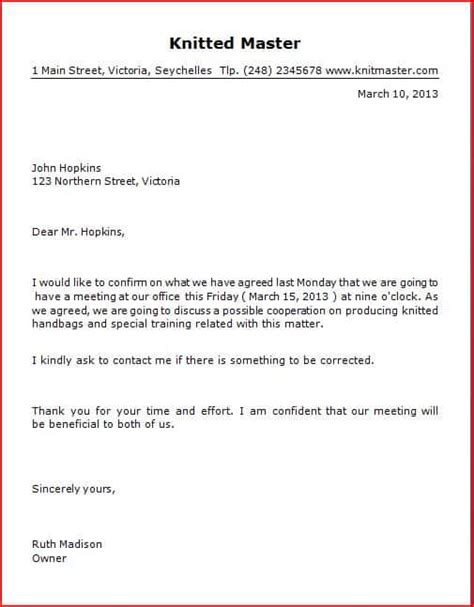 meeting confirmation email sample letter
