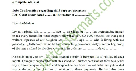 write letters  child support payment received confirmation