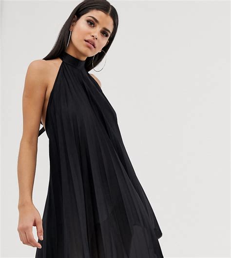 asos design tall geplooide mini jurk met halternek en blote rug zwart tall fashion