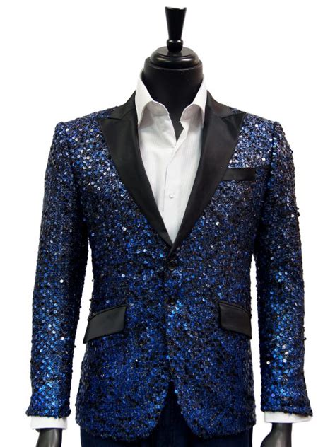 angelino men blue black sequin satin lapel fun trendy party dress casual blazer ultimate menswear