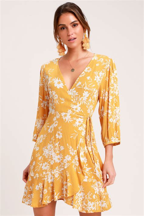 floral    mustard yellow floral print wrap dress