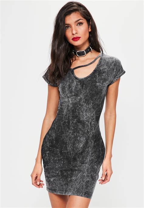 lyst missguided grey washed cut out neck detail bodycon dress in gray