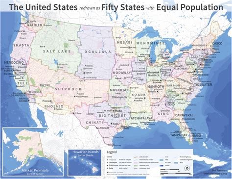 united states redrawn  fifty states  equal population credit