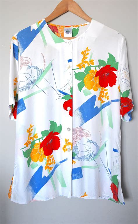 vintage 90 s floal print shirt collarless summer etsy printed