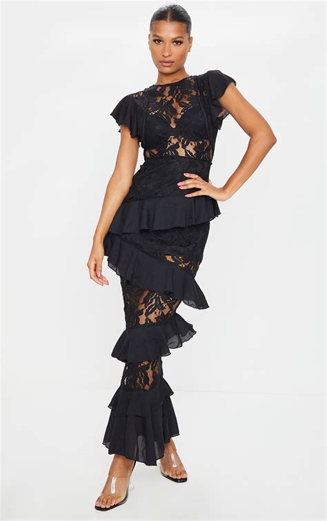 Black Lace Ruffle Detail Maxi Dress Prettylittlething Ca