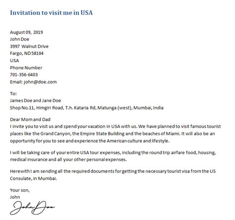 invitation letter   visitor visa  parents visa