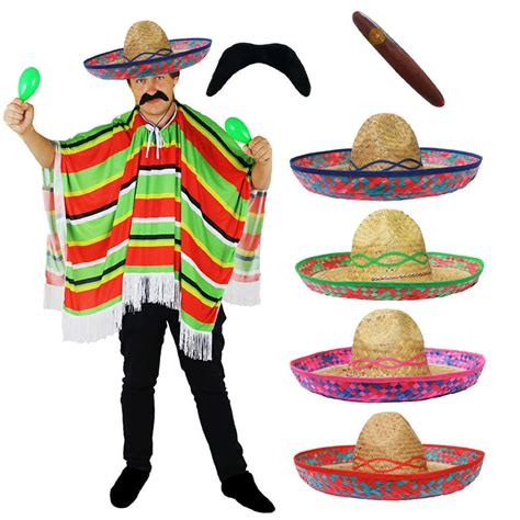 Mexican Poncho Straw Sombrero Tash And Cigar I Love Fancy Dress