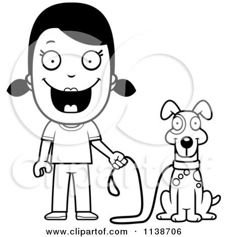 cartoon clipart   black  white happy girl ready  walk  dog