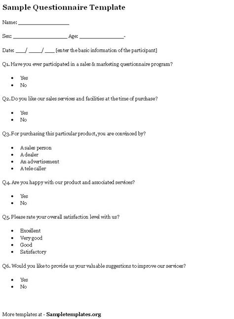 questionnaire template sampletemplate  sample questionnaire sample