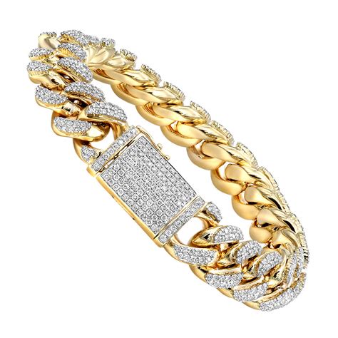 10k yellow gold miami cuban link chain diamond bracelet for men 14mm