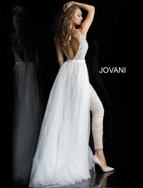 Jovani 60010 Nude White Plunging Neck Beaded Prom Jumpsuit