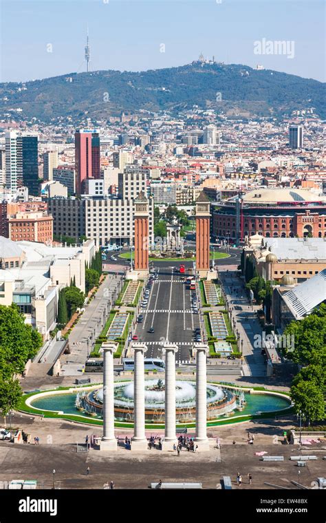 aerial view  barcelona spain  montjuic hill stock photo alamy