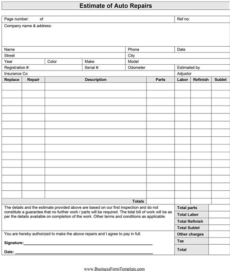 document template  printable estimate forms  documents