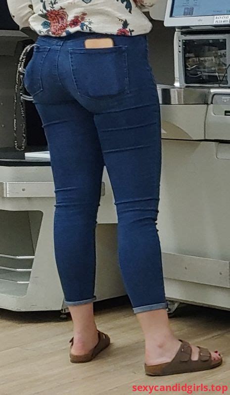 sexycandidgirls top milf in blue tight jeans and sandals candid photo
