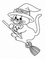 Witch Cat Hallween Halloween Coloring Witches Kids Print sketch template
