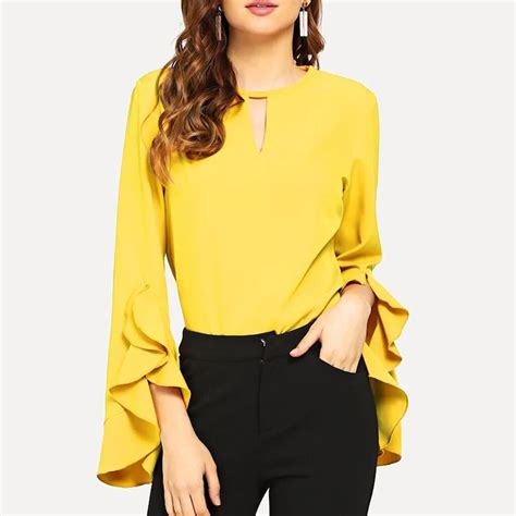 summer women ruffle blouse flare long sleeve blouses shirt casual solid