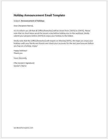 holiday announcement letters ms word format formal word templates