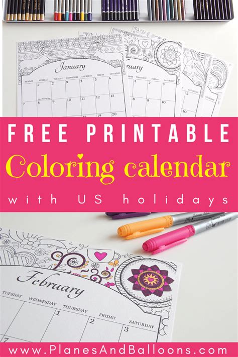printable coloring calendar    holidays included