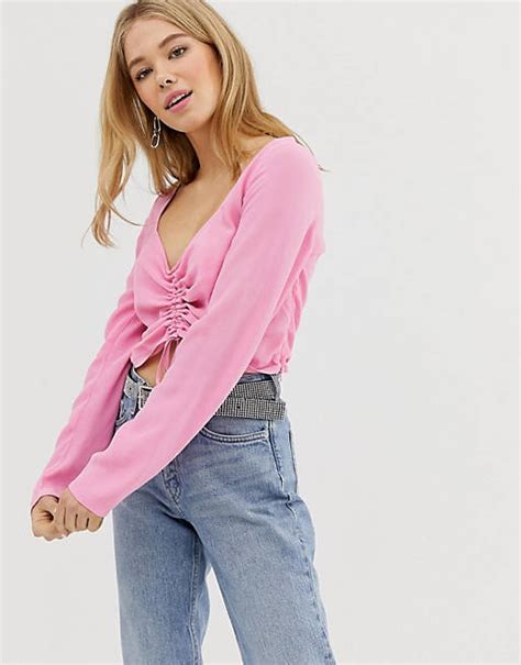 bershka ruched front blouse  pink asos