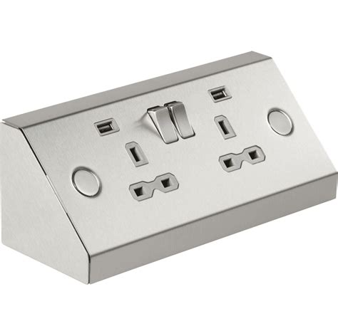 mounting switched socket  dual usb charger  stainless steel  grey insert