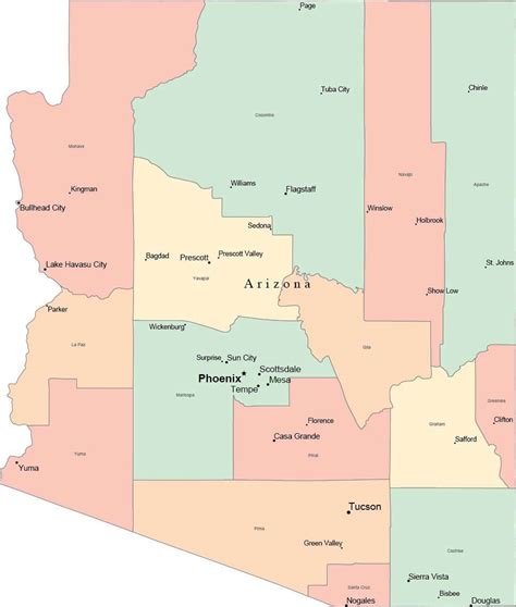 arizona map  adobe illustrator digital vector format  counties county names  cities